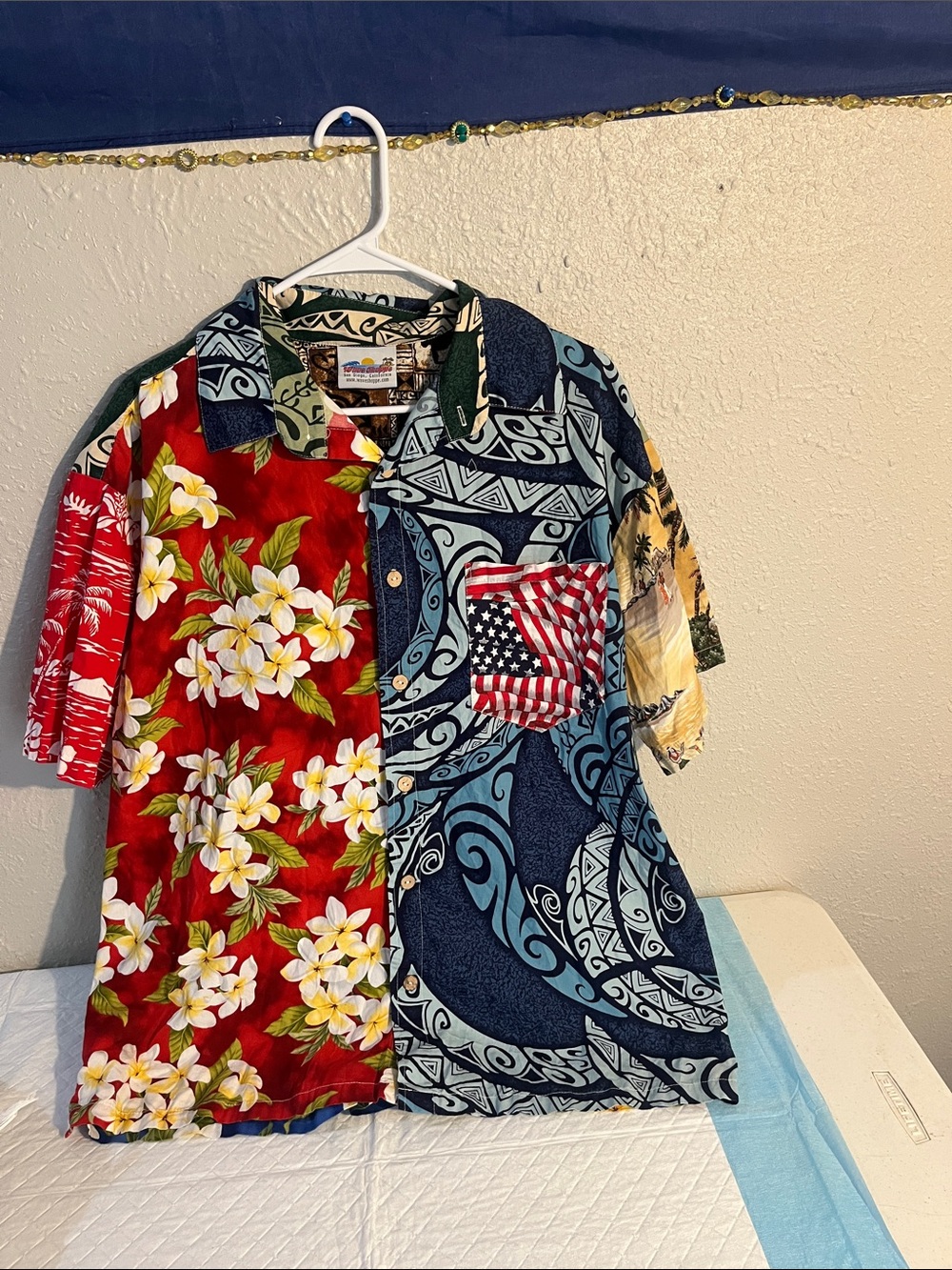 Men's Patchwork Casual Button-Down Shirt - Red & Blue